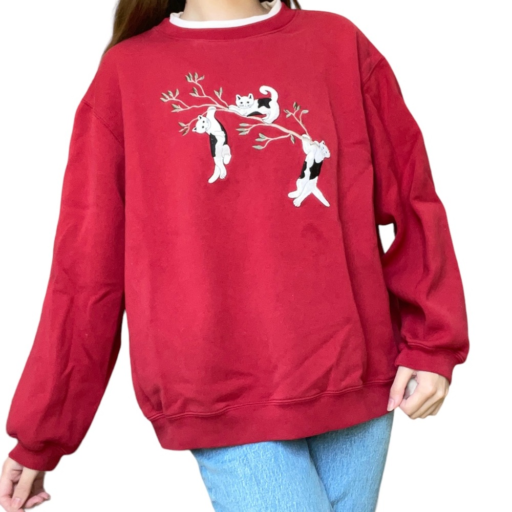 Vintage Red Faux Collar Embroidered Cat Printed Cozy Fall Crew Neck Sweatshirt